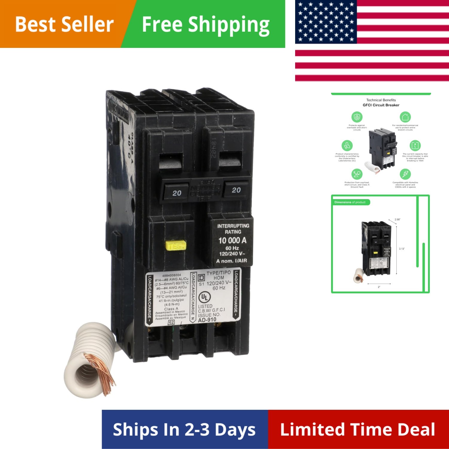 Homeline Circuit Breaker, 20-Amp, 120/240V, 2-Pole, GFCI, Plug-In Mount
