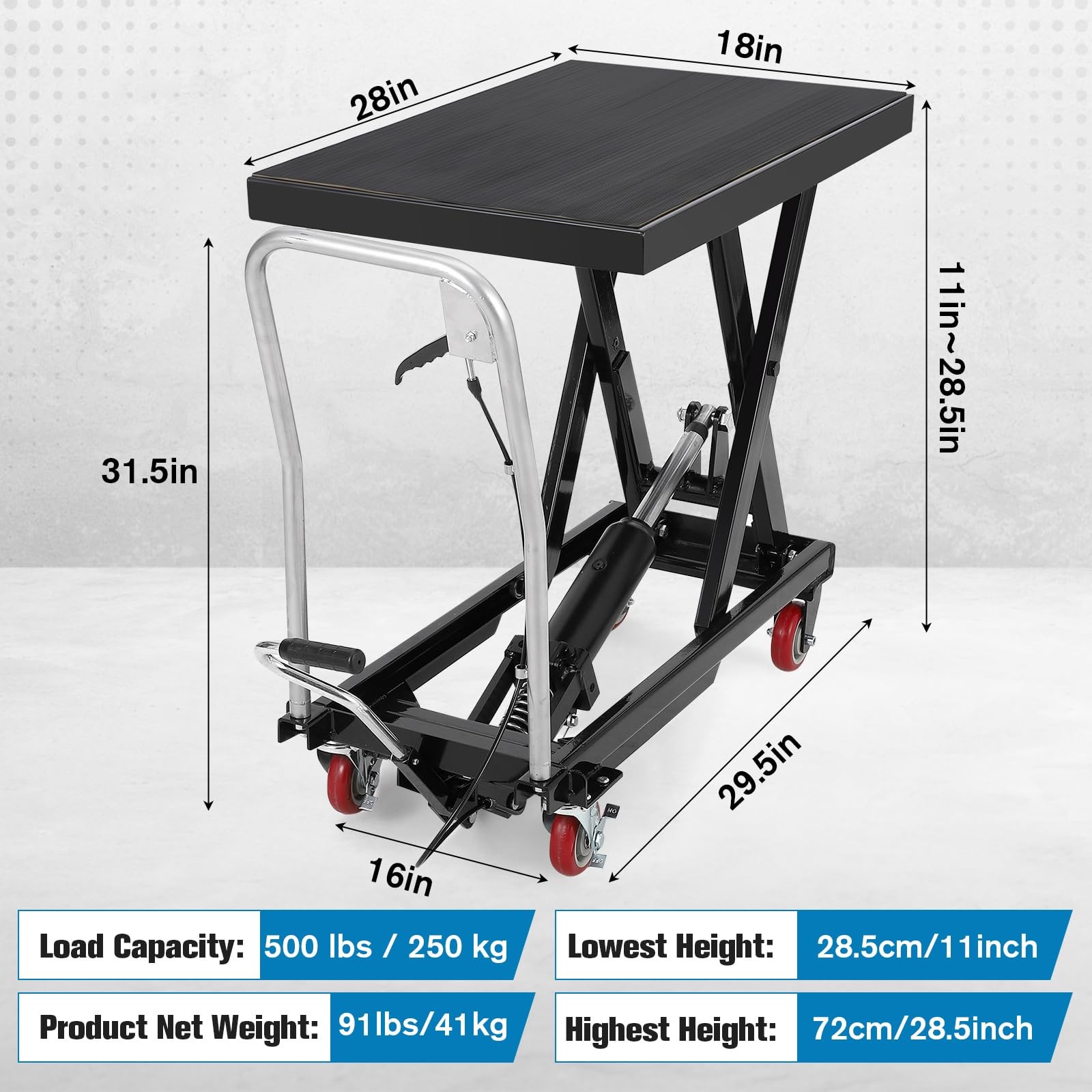 Manual Scissor Lift Foldable Hydraulic Lift Table Cart 500LBS 28.5in Non-Slip
