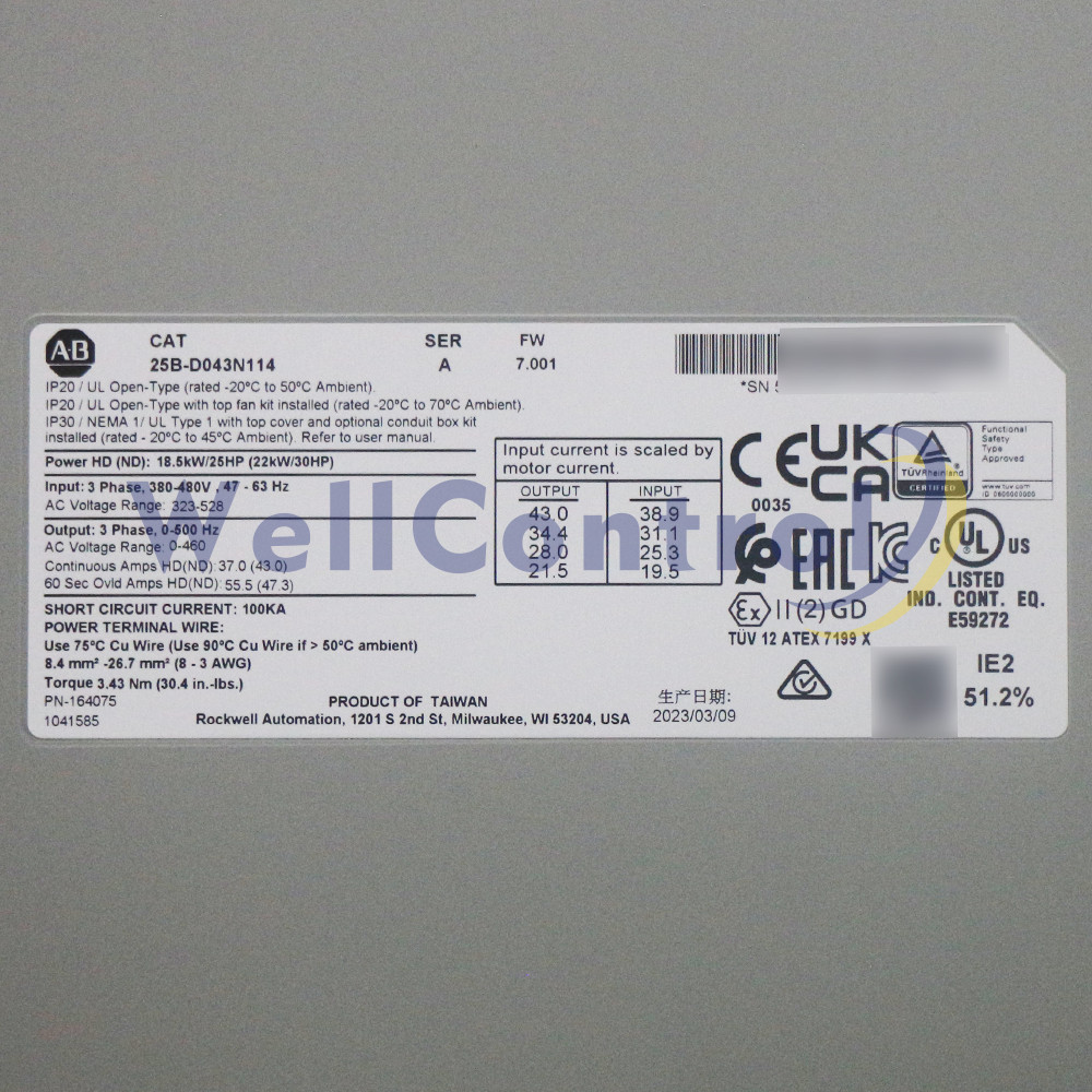 New Allen Bradley 25B-D043N114 PowerFlex 525 22kW (30Hp) AC Drive 25BD043N114