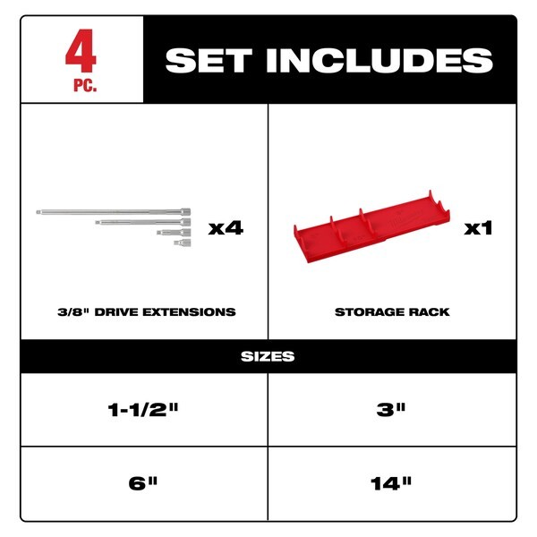 Milwaukee Tool 48-22-9341 4 Pc. 3/8 In. Drive Extension Set