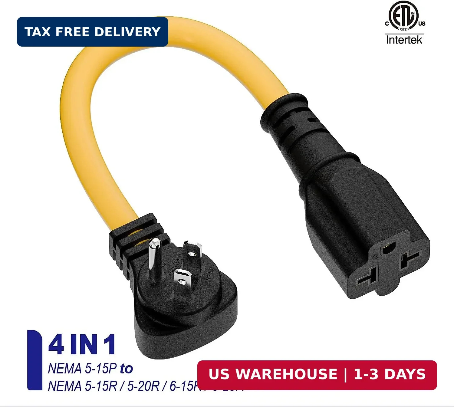 Right Angled [4-in-1] 15 Amp Household AC Plug to 20 Amp T Blade Adapter,5-15P t