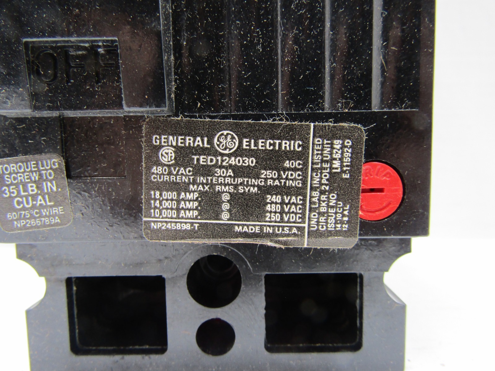 NEW GE TED124030WL 30 Amp 480V 2-Pole Circuit Breaker 30A 250 VDC TED124030