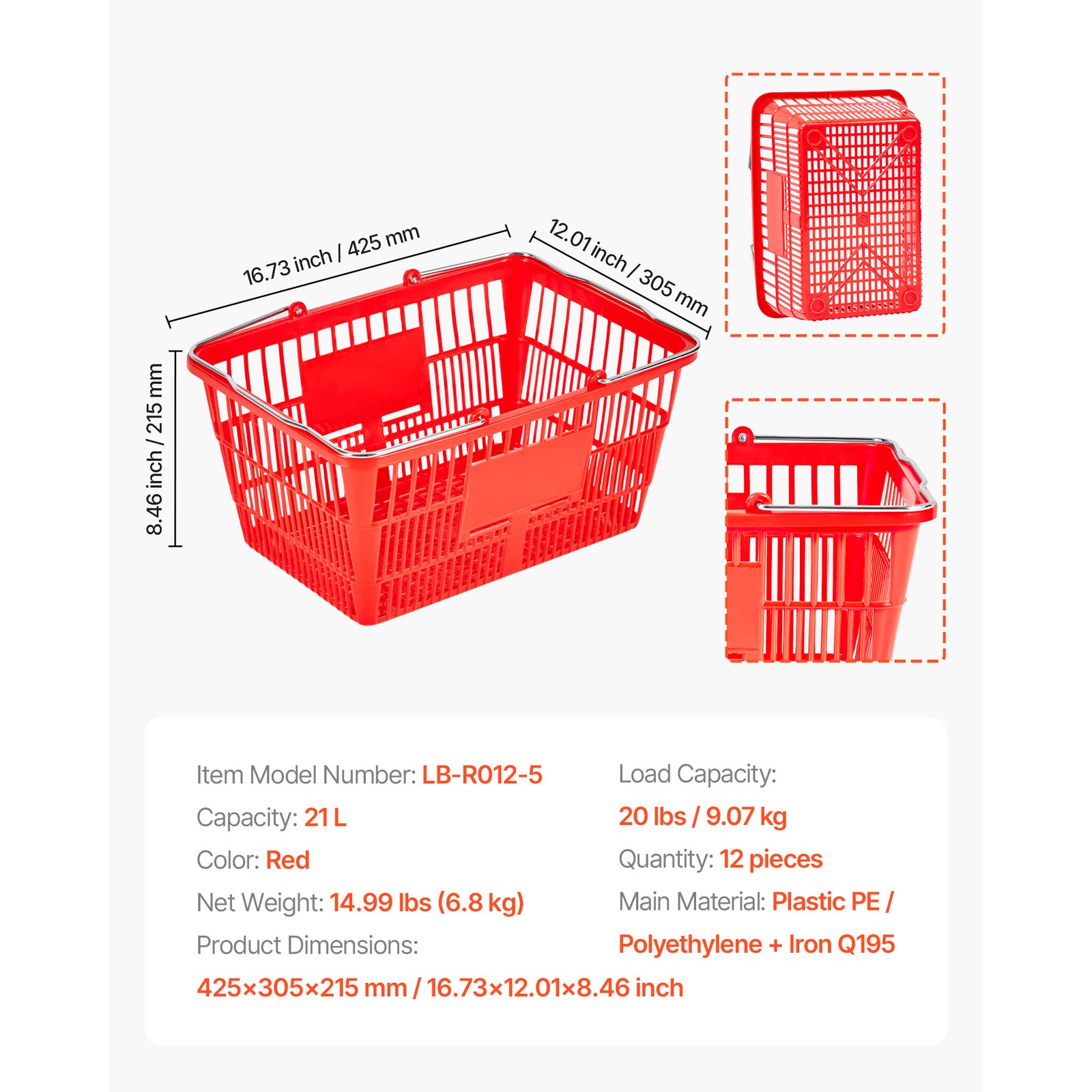 Uimoso 12 Stackable Plastic Shopping Baskets with Handles, Red for Grocery Use