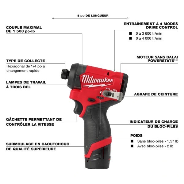 Milwaukee CANADA 12V Li-Ion Brushless Cordless 1/4 in Hex Impact Driver Kit