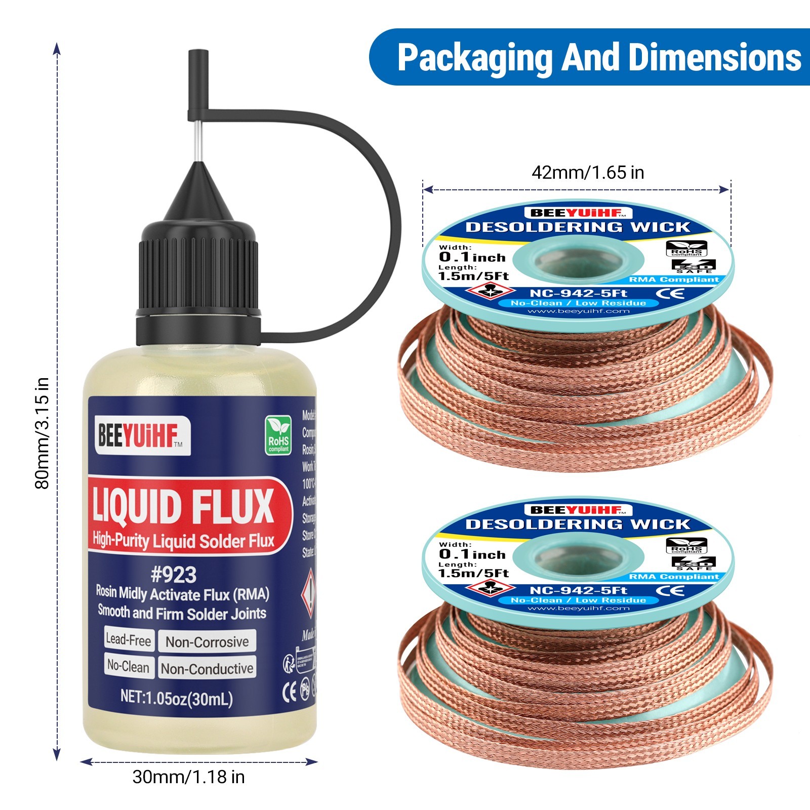 30ml1oz BEEYUIHF 923 Rosin No Clean Liquid Solder Flux, 2PCS Solder Wick Braid