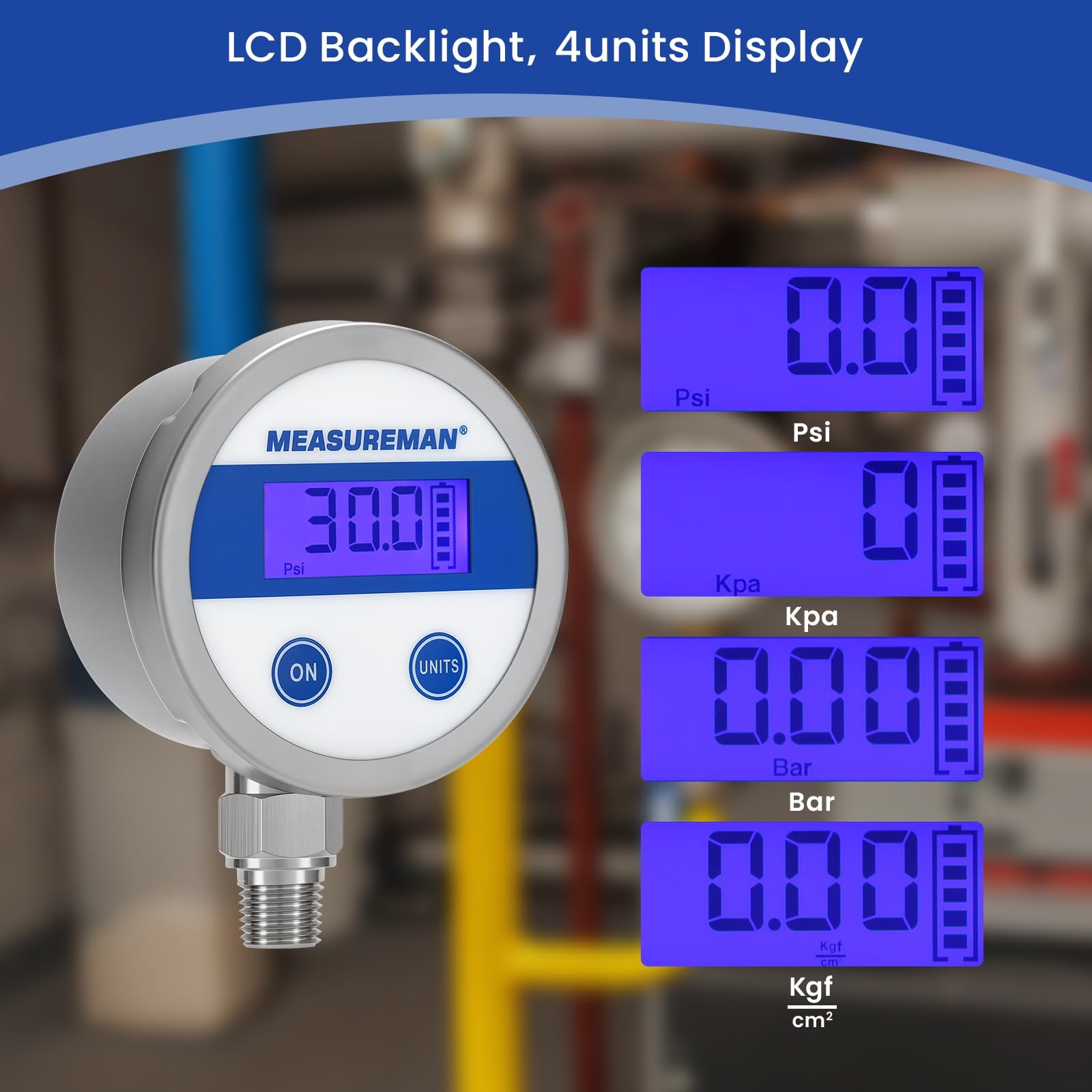 Economy Digital Pressure Gauge 2.5 Blue Backlit LCD, 0-30 PSI All Stainless S…