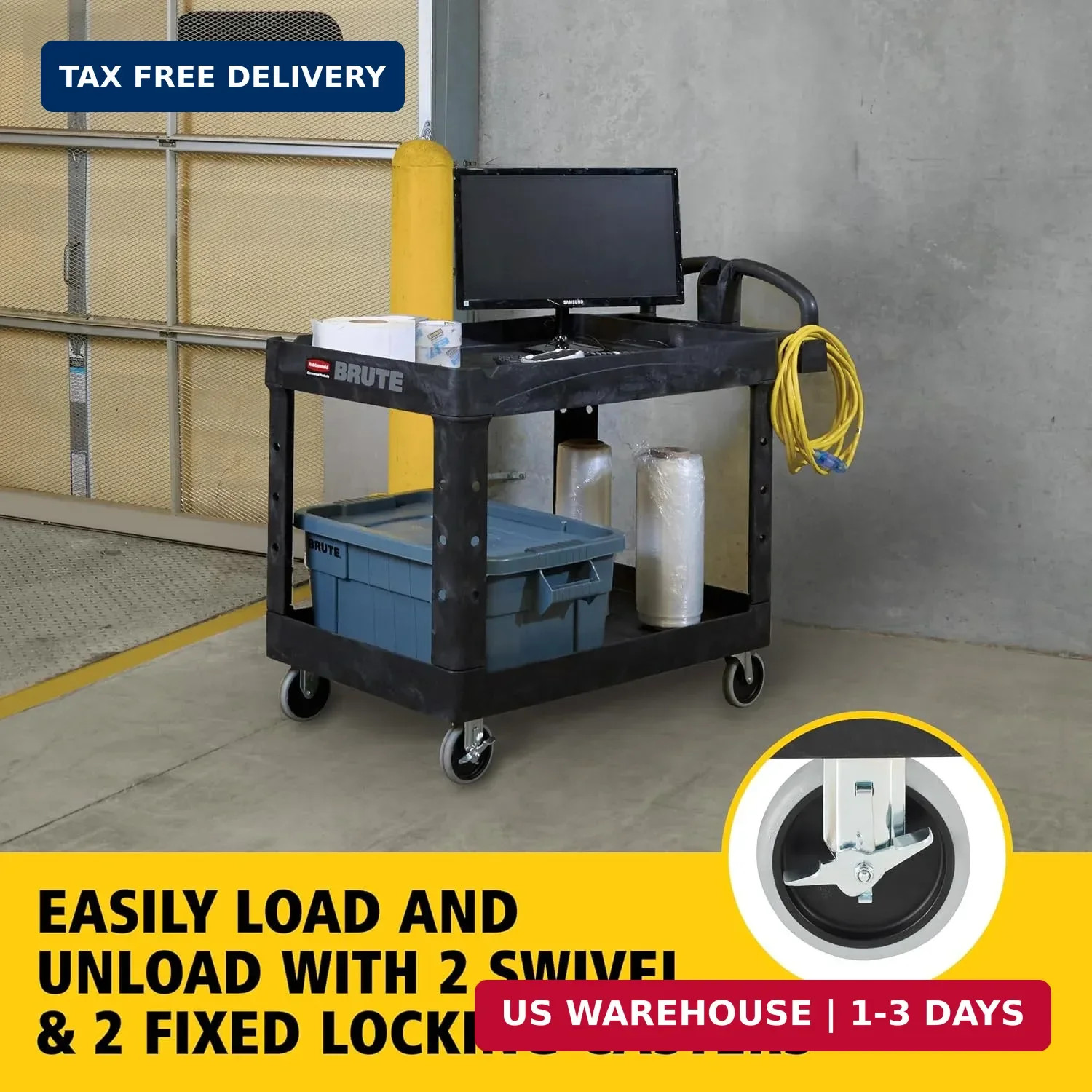 2-Shelf Utility/Service Cart, Medium, Black, Lipp