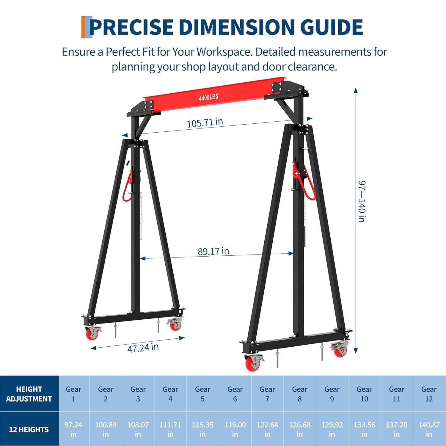 Heavy Duty Gantry Crane, 2 Ton 4400 LBS Steel I-Beam Hoist 97″-141″ Adjustable P