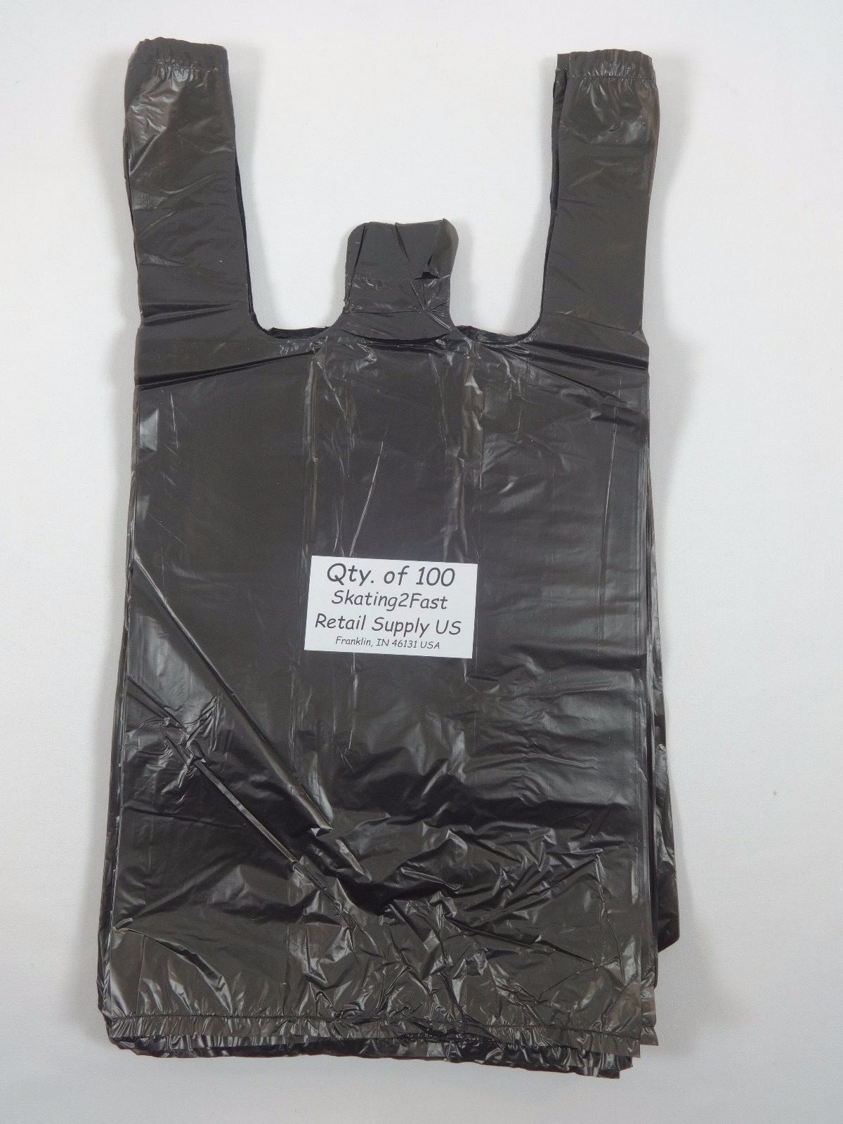 100 Qty. Black Plastic T-Shirt Retail Shopping Bags w/ Handles 8″ x 5″ x 16″ Sm