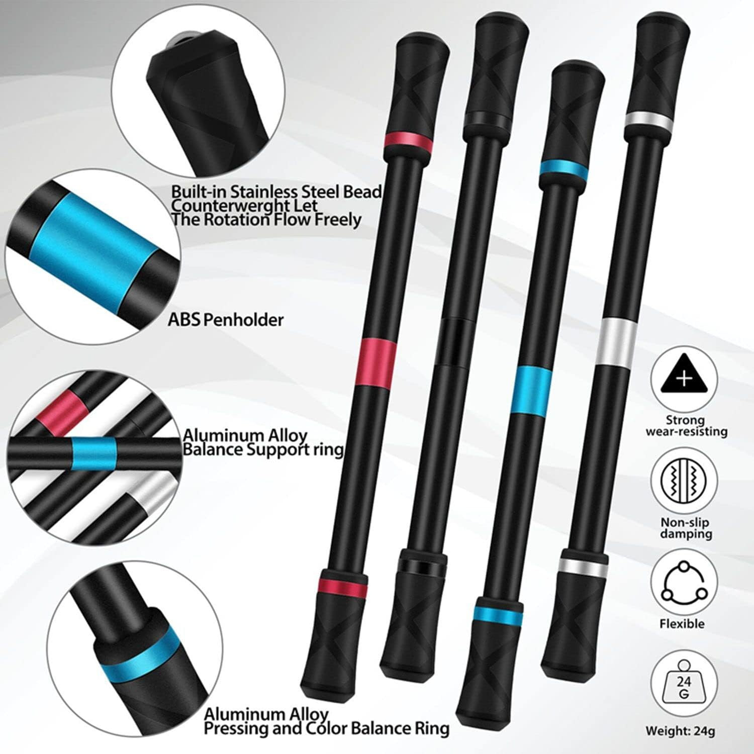 4 Pieces Pen Spinning Mod – Silver, Black, Red, Blue, Office Supplies