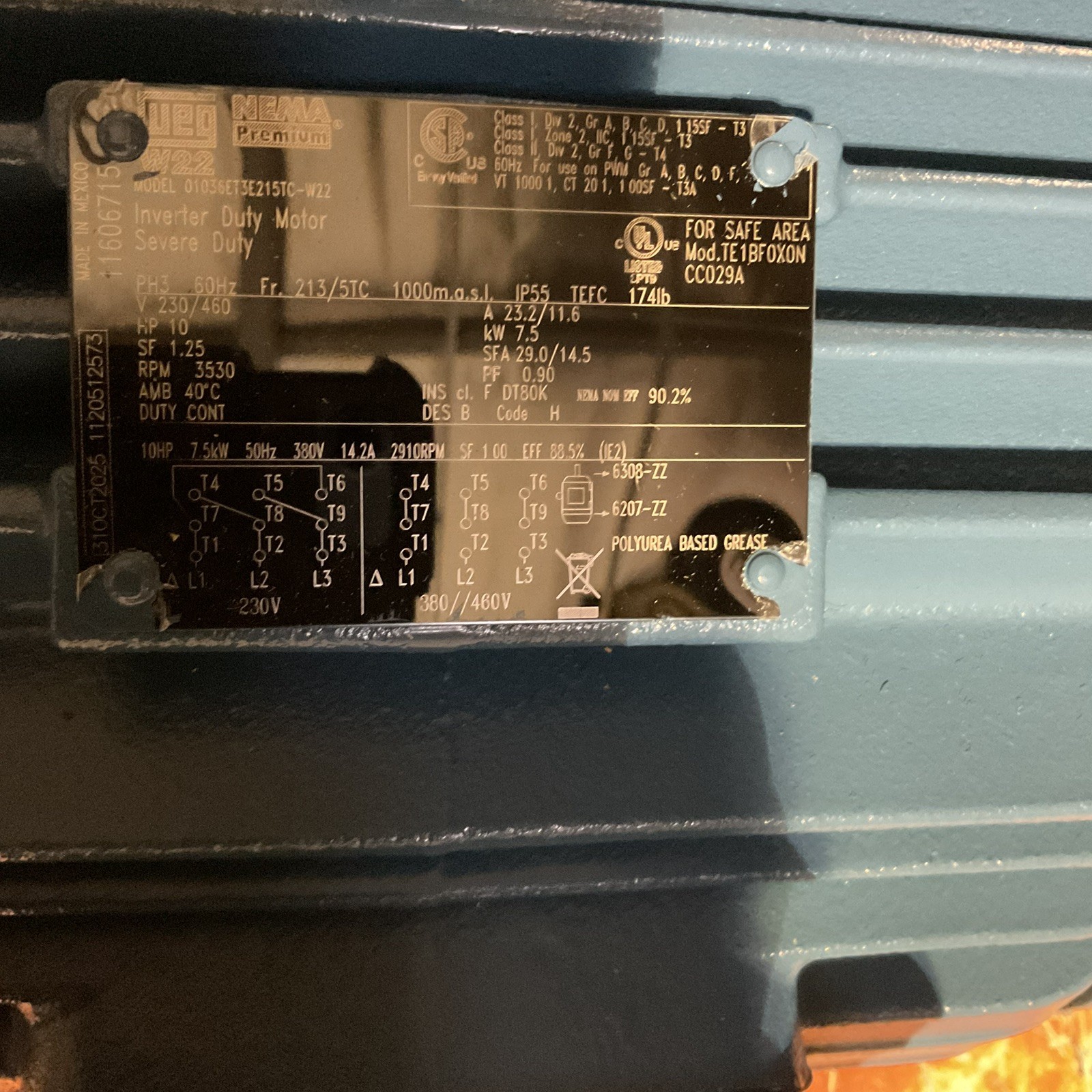 WEG 01036ET3E215TC-W22 General Purpose Motor 10hp 230/460V