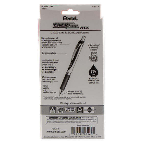 Pentel EnerGel RTX Retractable Liquid Gel Pen, Medium Line,0.7mm, Black, 12-Pk