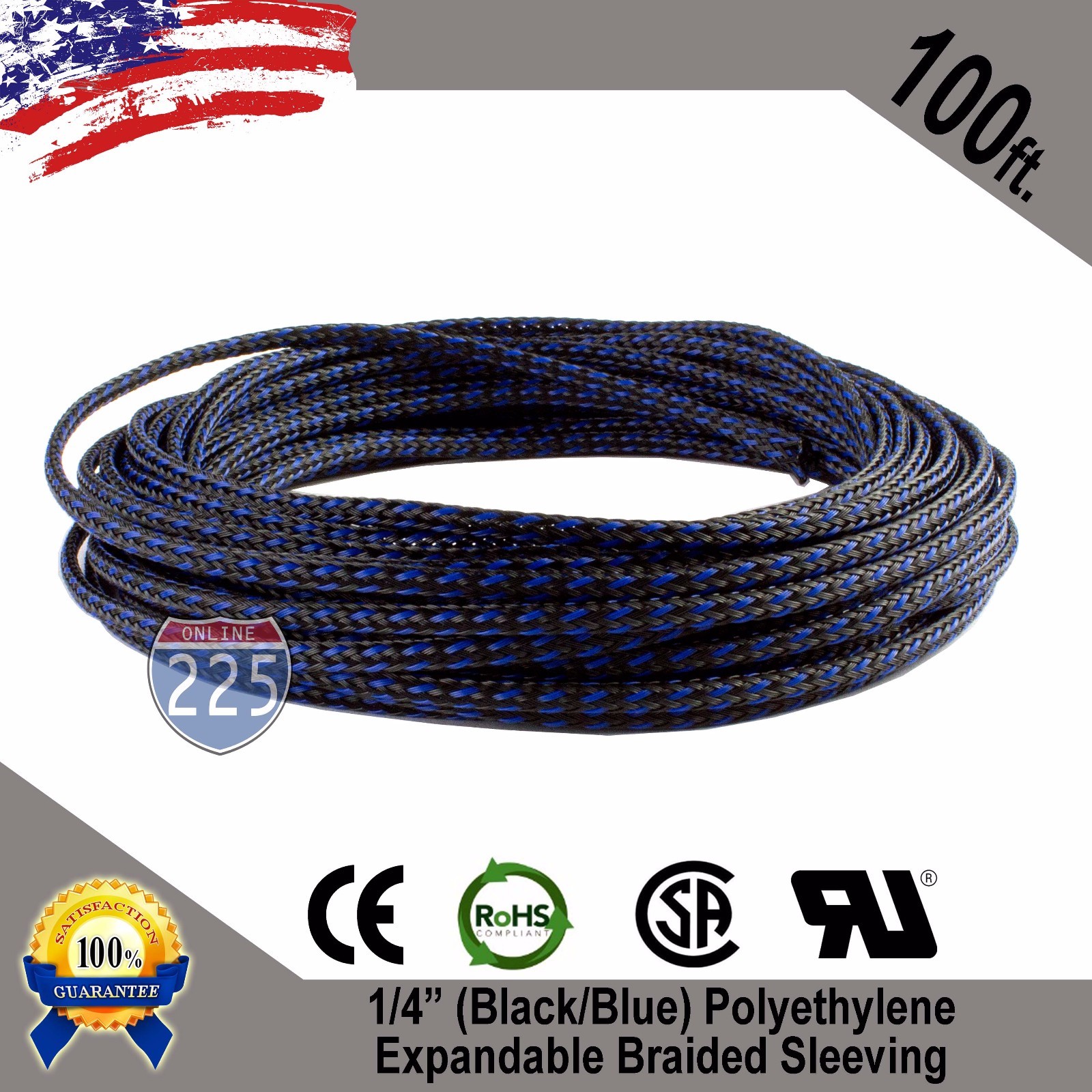 100 FT 1/4″ Blue & Black Expandable Wire Sleeving Sheathing Braided Loom Tubing