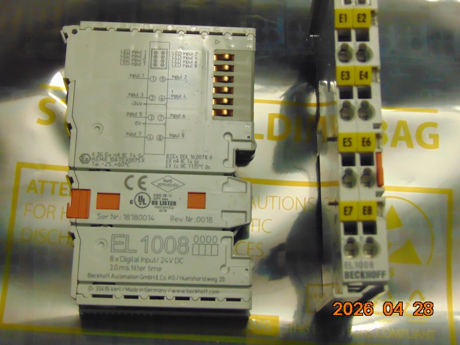 (1) BeckHoff EL1008 EtherCat terminal, 8 Channels, 24 Vdc, 3.0Ms Filter Time
