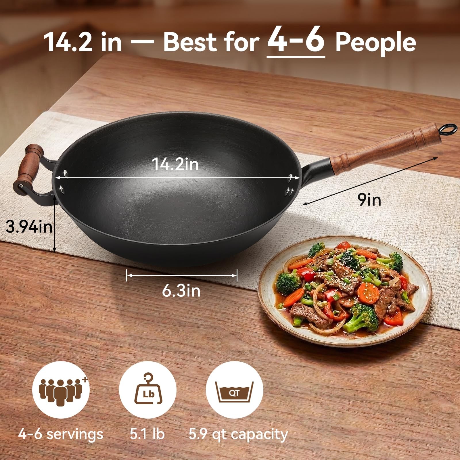 Wangyuanji Cast Iron Wok Pan Lid 14.2 Inch Flat Bottom Uncoated Stir Fry