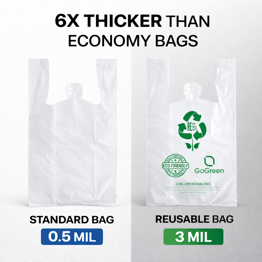 1/6 Clear Reusable T-Shirt Bags 3 Mil Extra Heavy Duty 11.5×6.5×21 Bulk Qty
