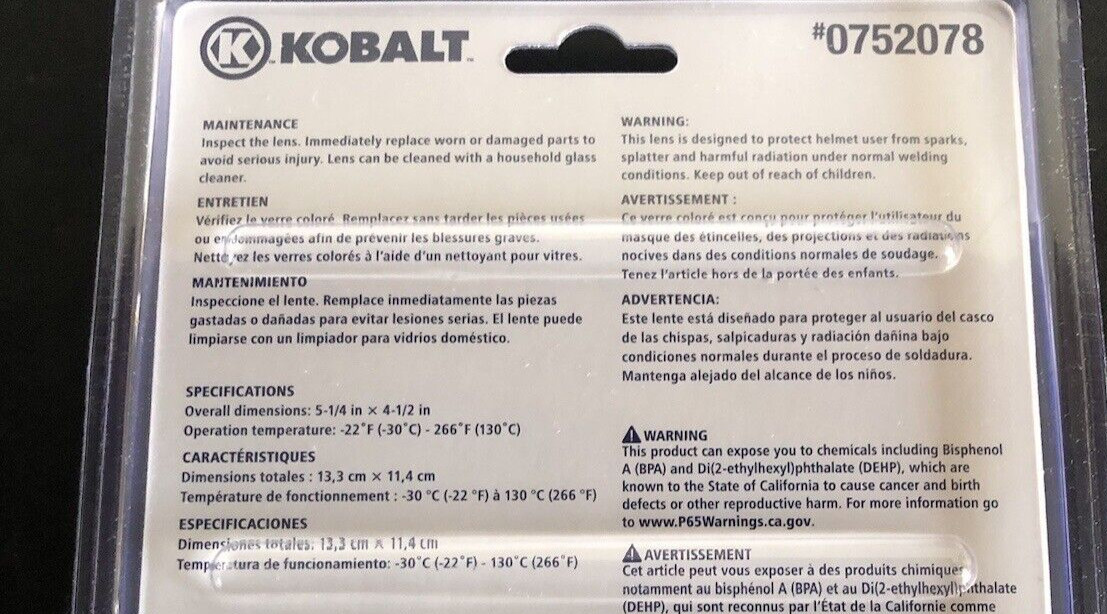 Kobalt Welding Helmet Outer Replacement Lens 0752078 5-1/4” X 4-1/2” 4-Pack New