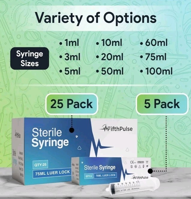 FifthPulse 75 ml Syringe without Needle – 25 Pack of Individually Wrapped…