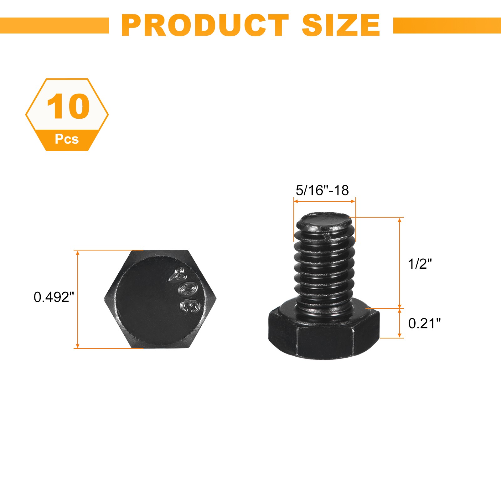 10Pcs 5/16-18 x 1/2″ Hex Head Bolts, 304 Stainless Steel Hex Head Screw, Black