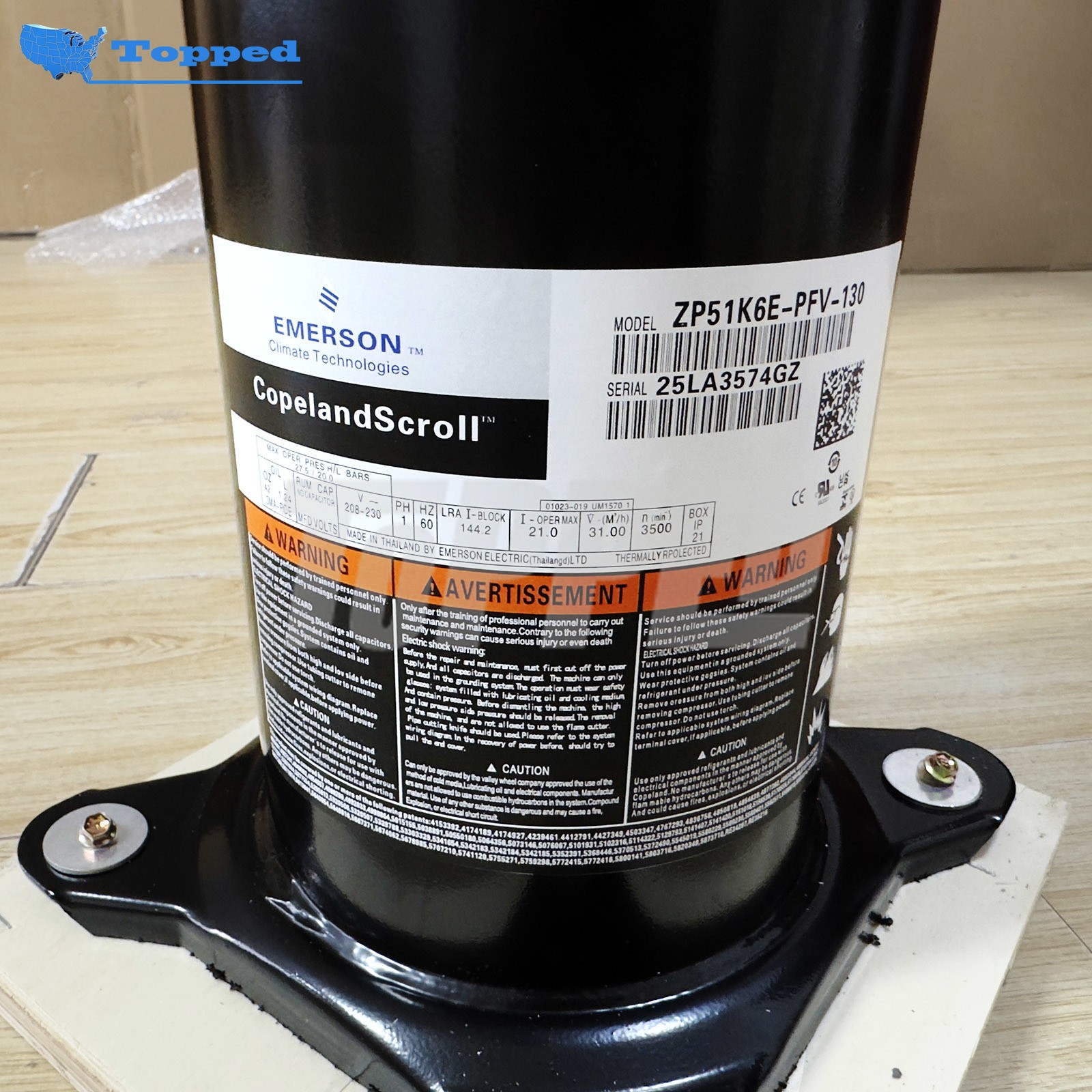 New Scroll Compressor 208-230V 1PH 4-4.9 Tons R410A for Copeland ZP51K6E-PFV-130