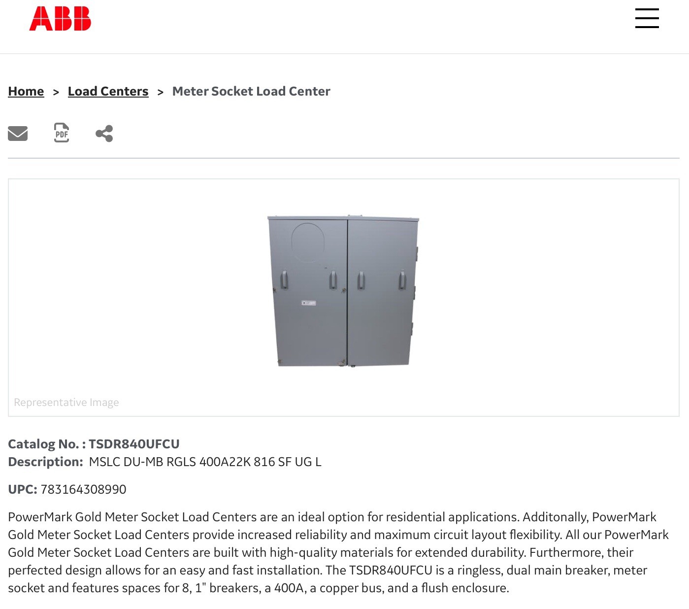 ABB GE TSDR840UFCU 400A METER COMBO 120/240 1PH 22K RINGLESS 8/16 CIR (2 X 200A)