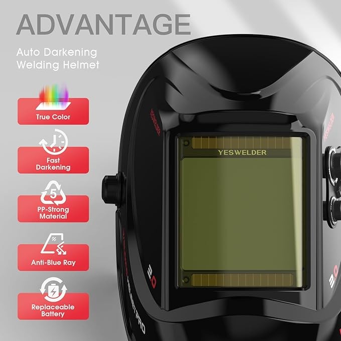 YESWELDER Solar Auto Darkening Helmet 4 Sensors 3.93″x3.66″ TIG/MIG/Arc/Grind