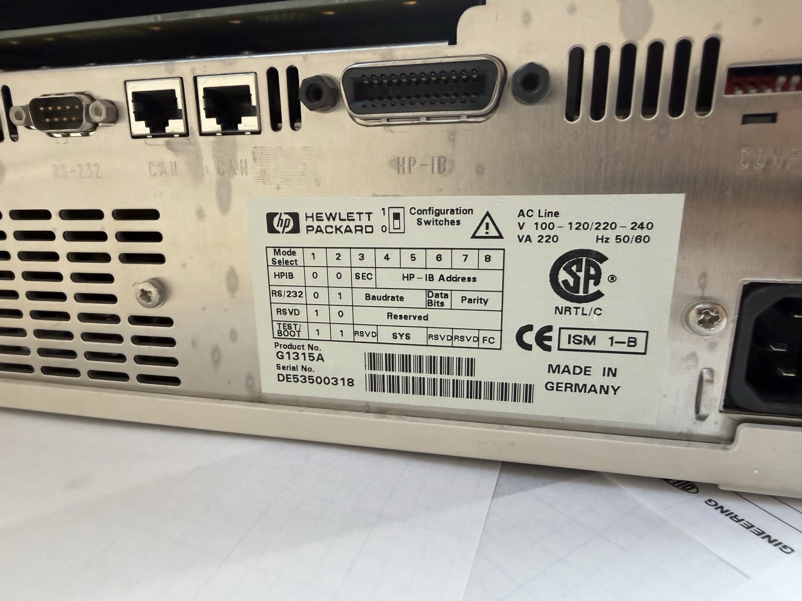 HP Agilent 1100 G1315A Diode Array Detector DAD S/N DE53500318 — Powers On