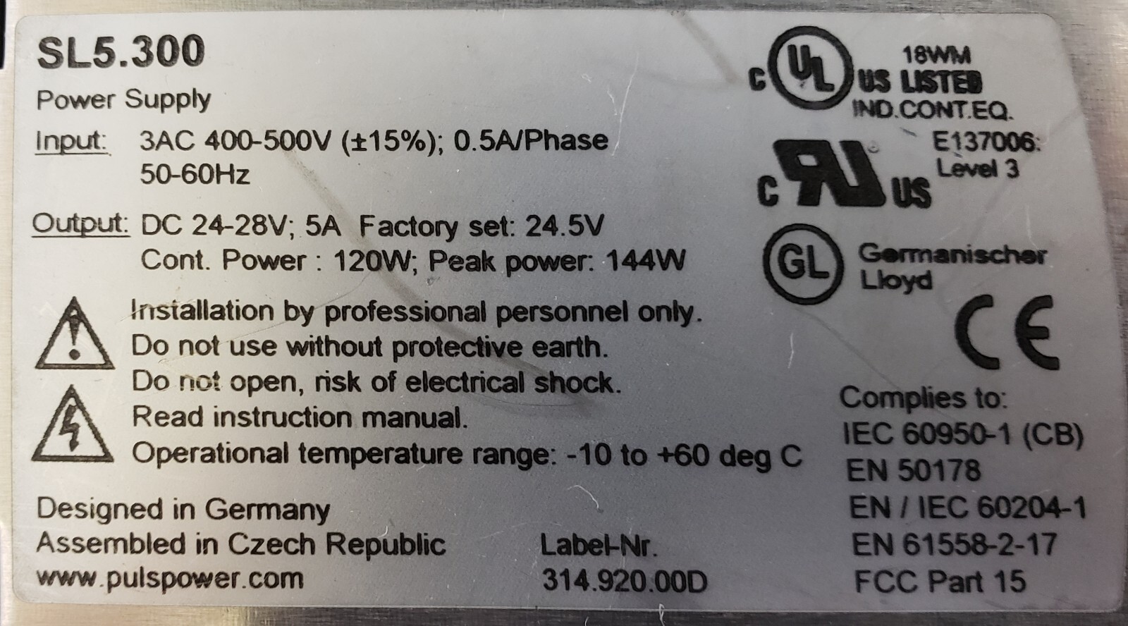 PULS SL5.300 DIN Rail Power Supply 3 Phase System Module USED