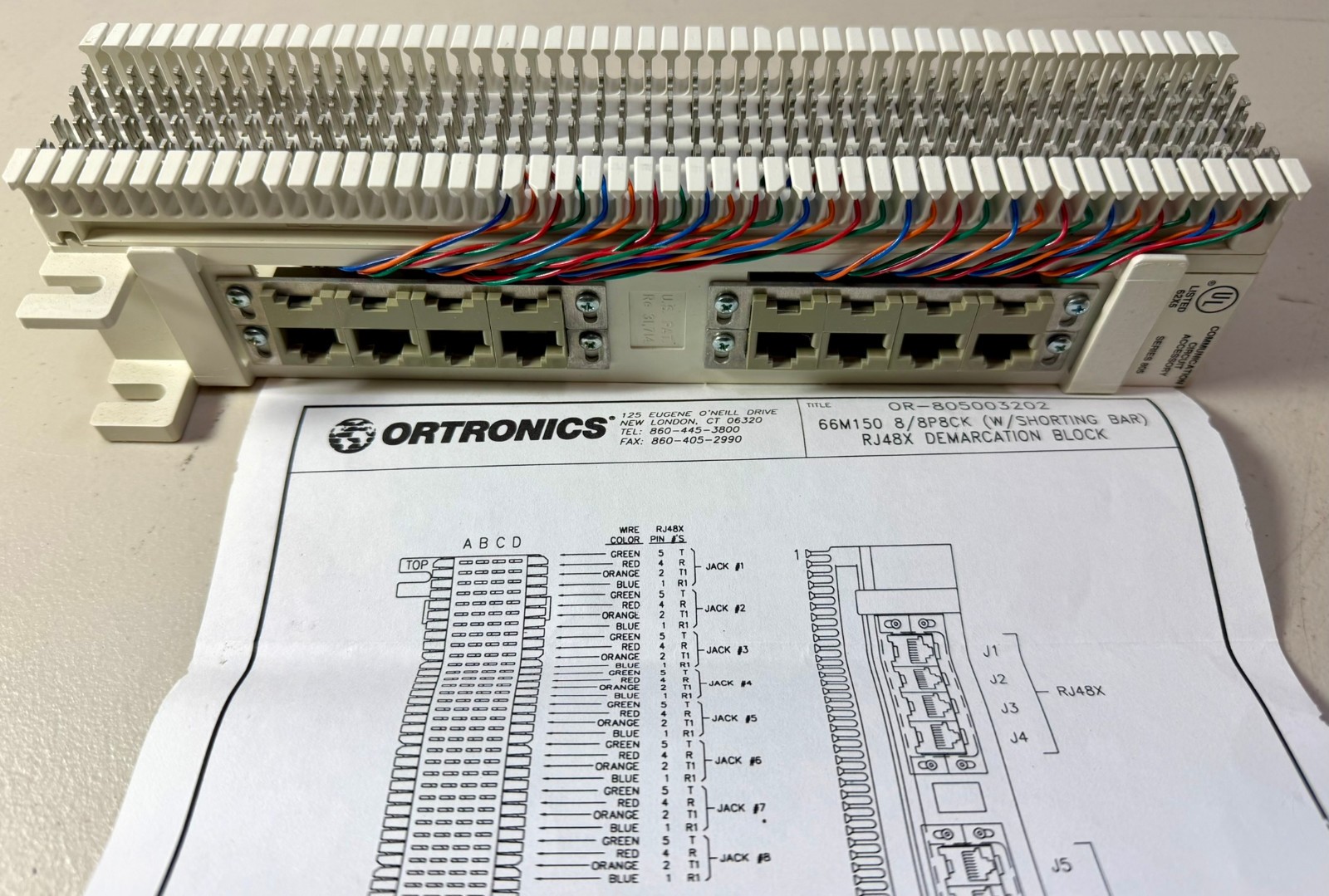 ORTRONICS OR-805003202 S66M150 8/8P8CK T1-Network Interface Block w/Shorting Bar