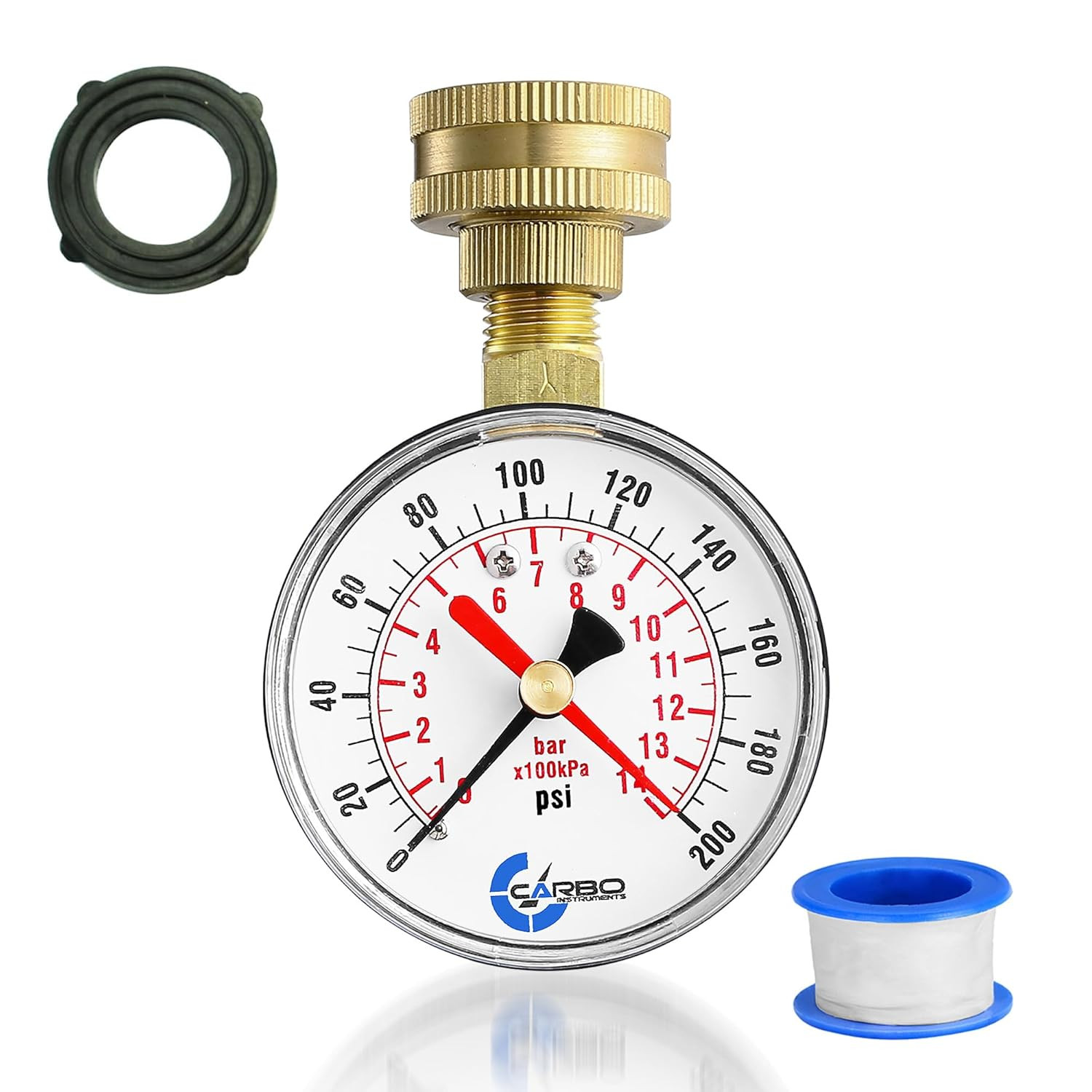 2-1/2″ Water Pressure Test Gauge, 0-200 PSI, Red Max Pointer, 3/4″ Female Hose