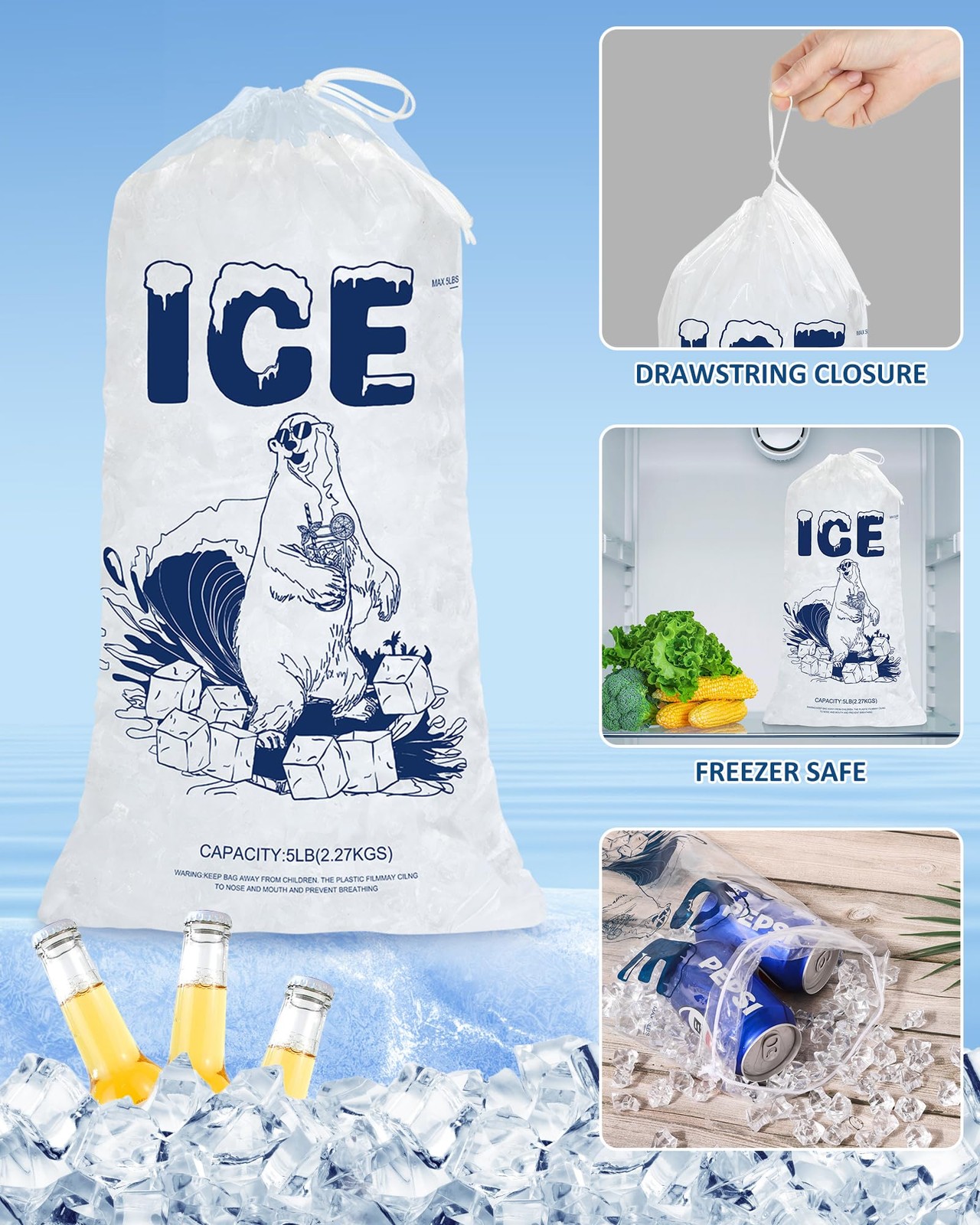 5lb Ice Bags with Drawstring – 50 Pack Reusable Heavy-Duty 50PACK, 5LB