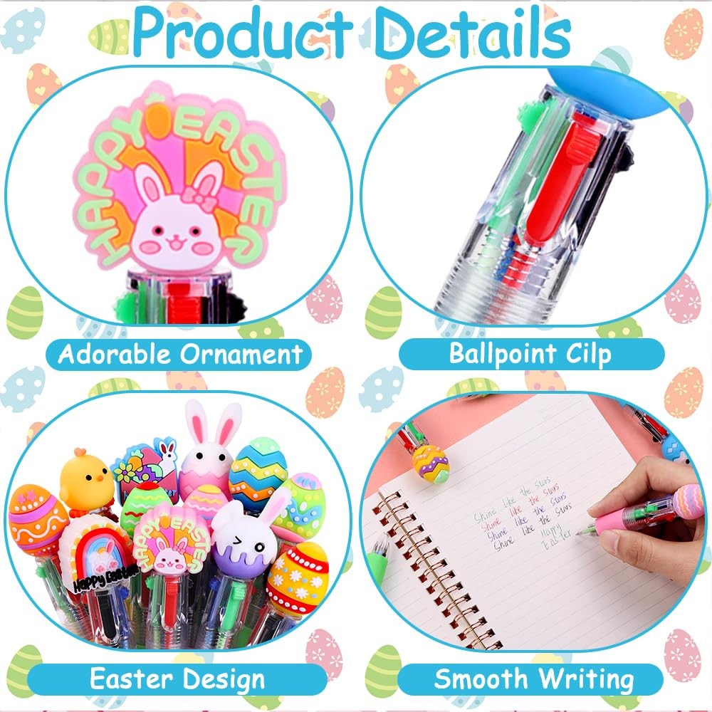 24PCS Easter Fun Pens Cute Multicolor Ballpoint Pens 4 Colors in 1 Kawaii Bun…