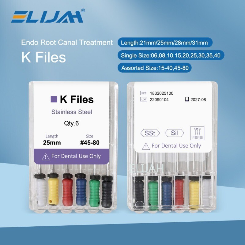 ELIJAH Dental Endo Root Canal File 25mm K-FILES Stainless Steel Hand Use #6–#40