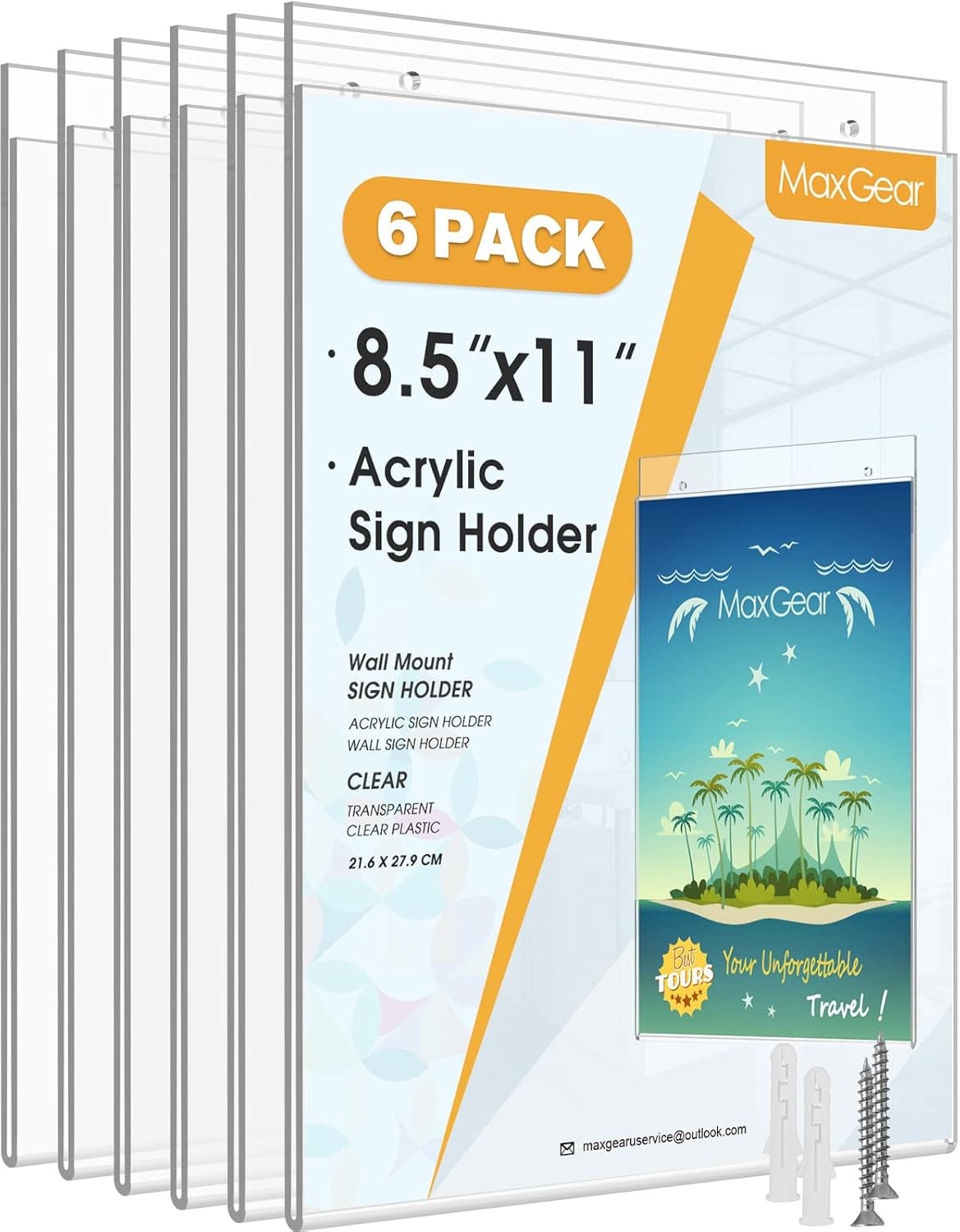 6 Pack Wall Mount Sign Holder 8.5 X 11, Clear Plastic Picture Frames with Mounti