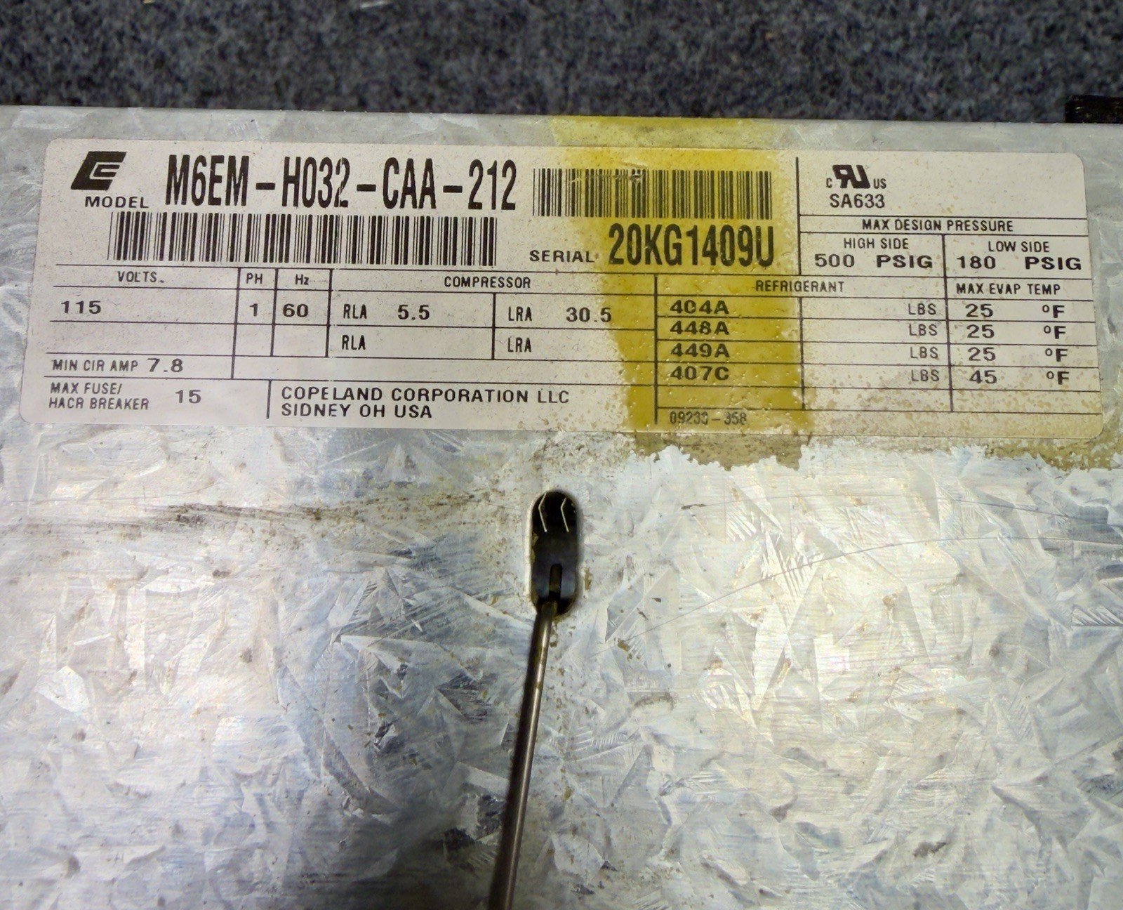 Copeland M6EM-H032-CAA-212 Condensing Unit R404A, 1/3 HP, 115V, ASE20C4E