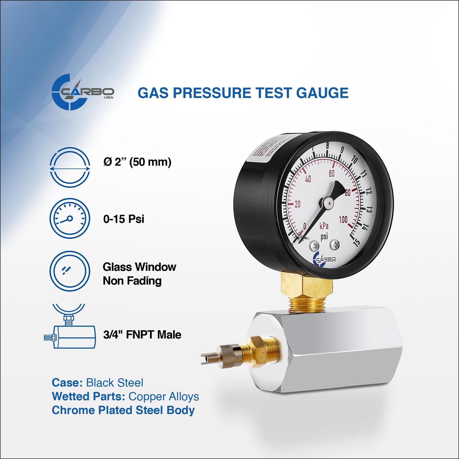 CARBO Instruments Gas Test Pressure Gauge 15 3/4″ FNPT 0-15 psi, Chrome