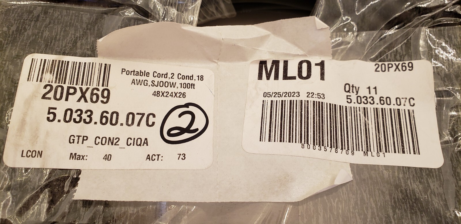 20PX69 PORTABLE CORD, 2 COND, 18 AWG, SJ00W, 100 FOOT ROLL, NNB