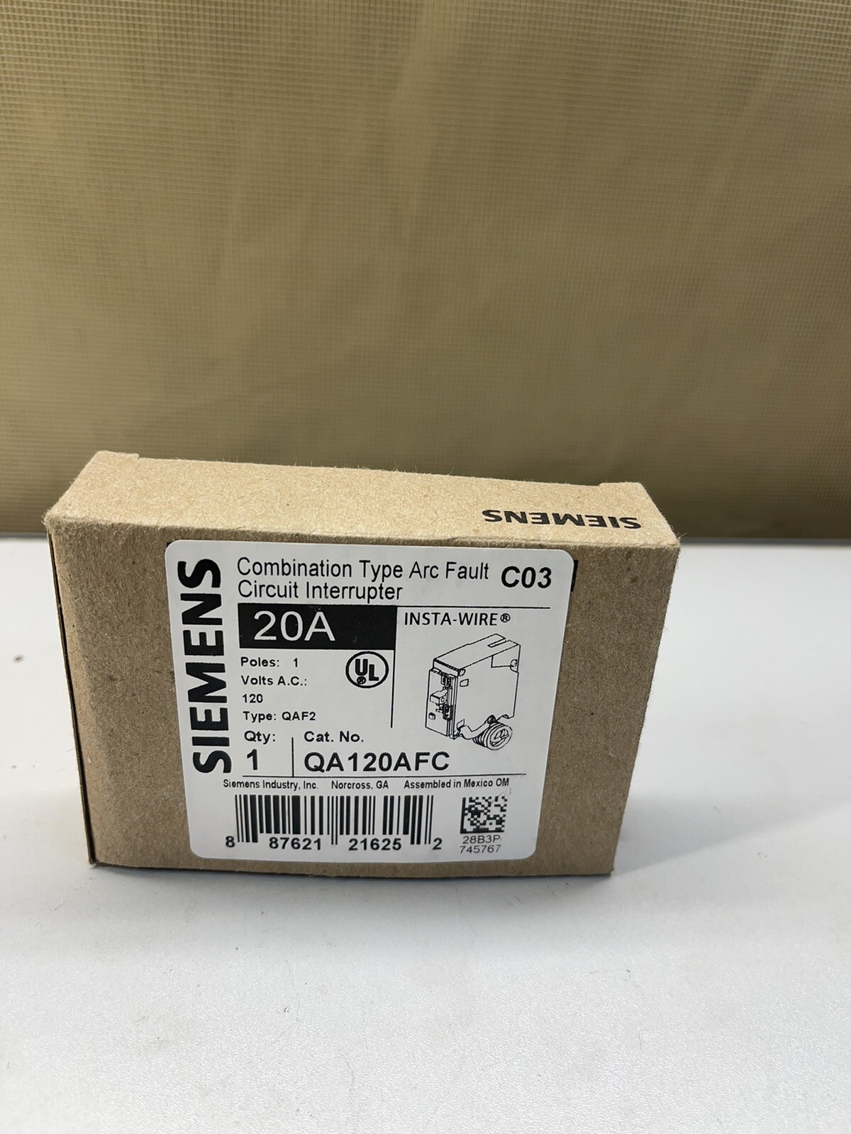 Siemens QA120AFC 1 Pole 20 AMP Arc Fault Combination Breaker AFCI New In Box