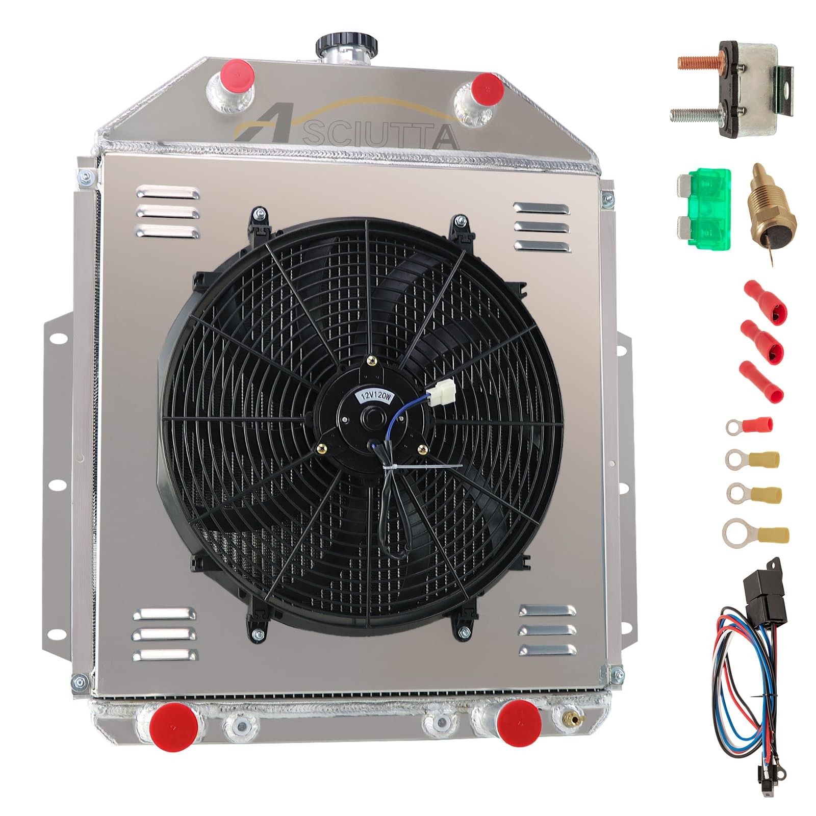 4 Row Aluminum Radiator & Fan Shroud Relay Kit 1942-52 Ford F1 F2 F3 Chevy V8