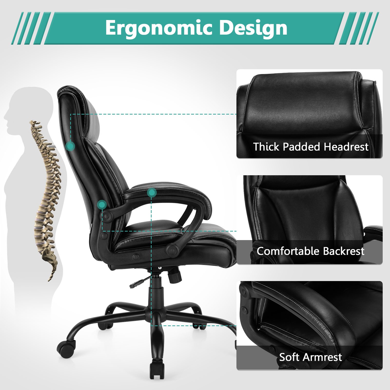 Costway 400 LBS Big & Tall Leather Office Chair Adjustable High Back Task Chair