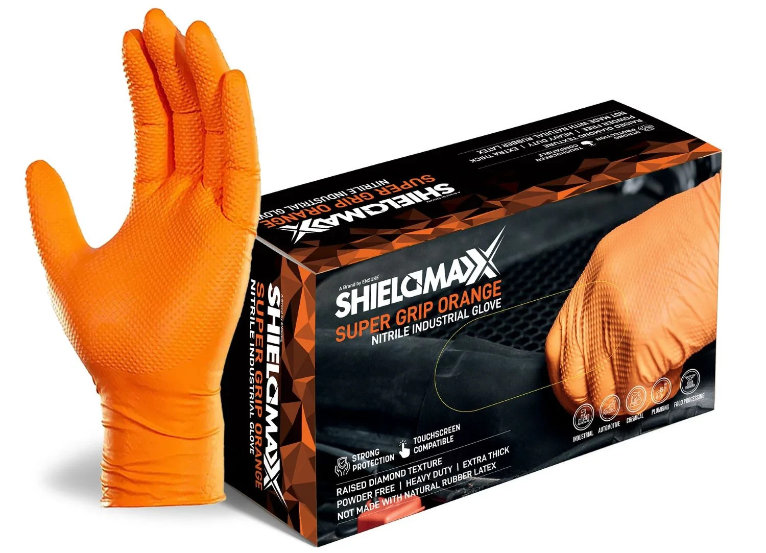 SHIELDMAXX® Heavy Duty Diamond Grip Textured Powder Free Orange Nitrile Gloves