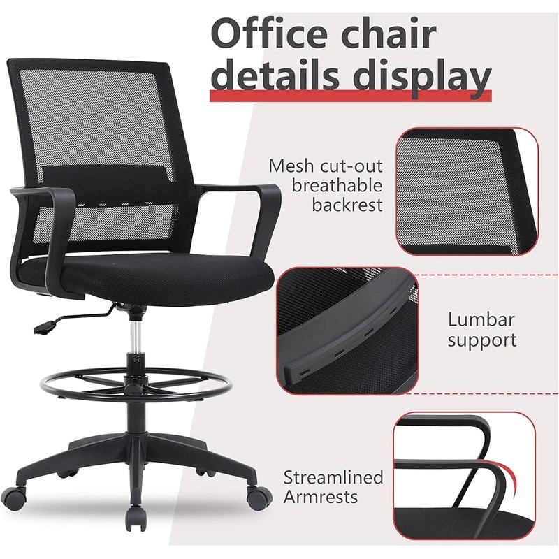 Ergonomic Drafting Chair W/ Foot Ring Adjustable Height Comfortable Mesh Support