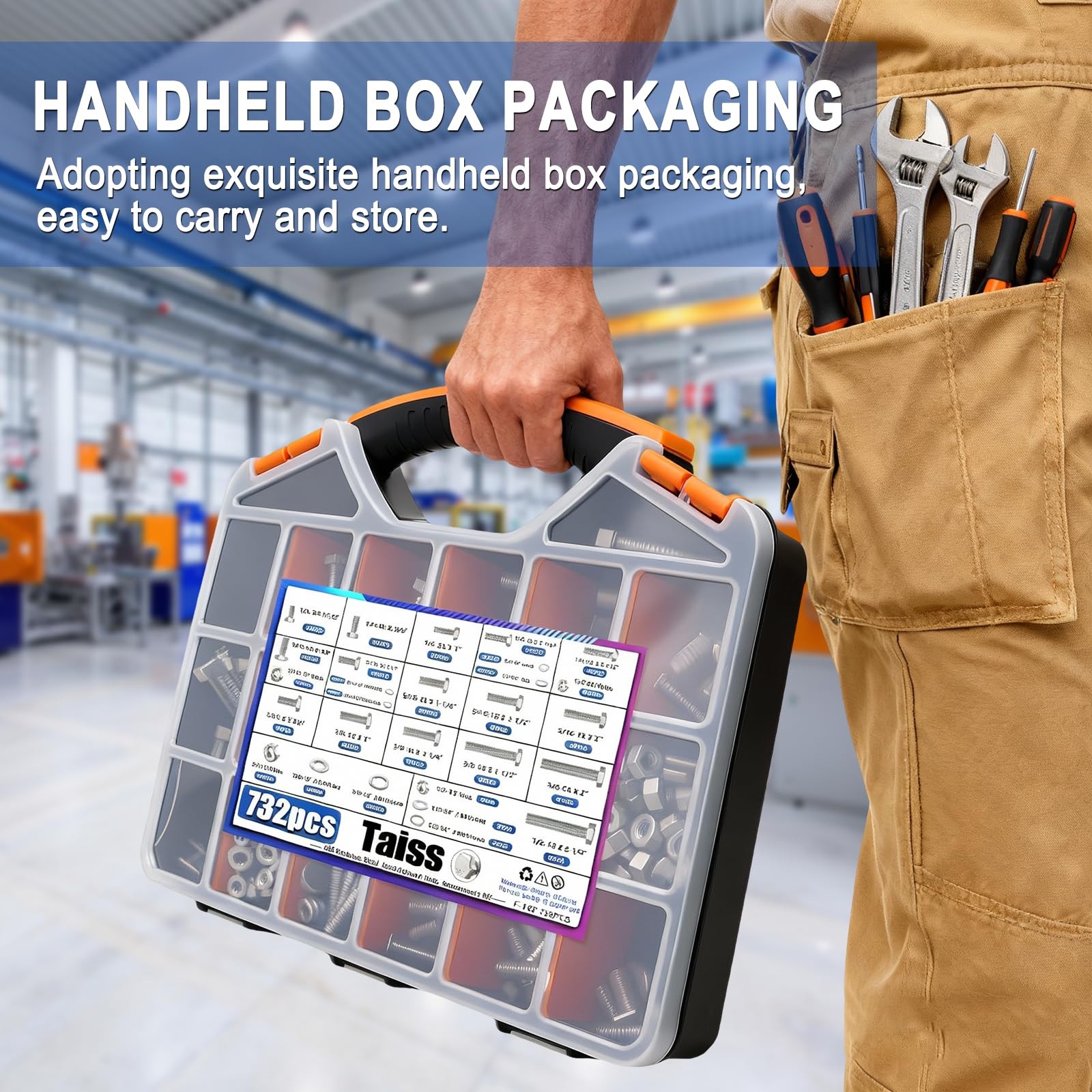 Taiss 732Pcs Stainless Steel Hex Bolt Nut Washer Assortment Kit 1/4″-1/2″ SAE