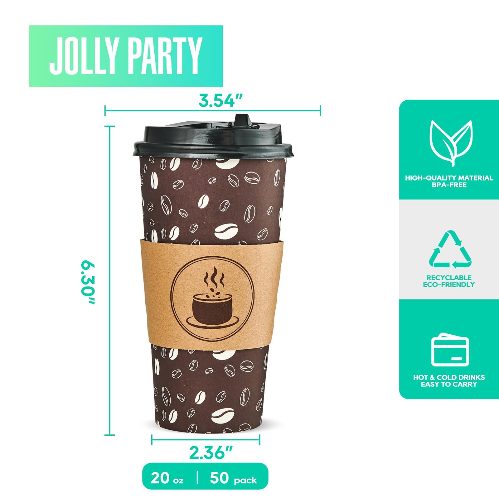 JOLLY PARTY Disposable Coffee Cups with 50 Count (Pack of 1), Dark Brown-20oz
