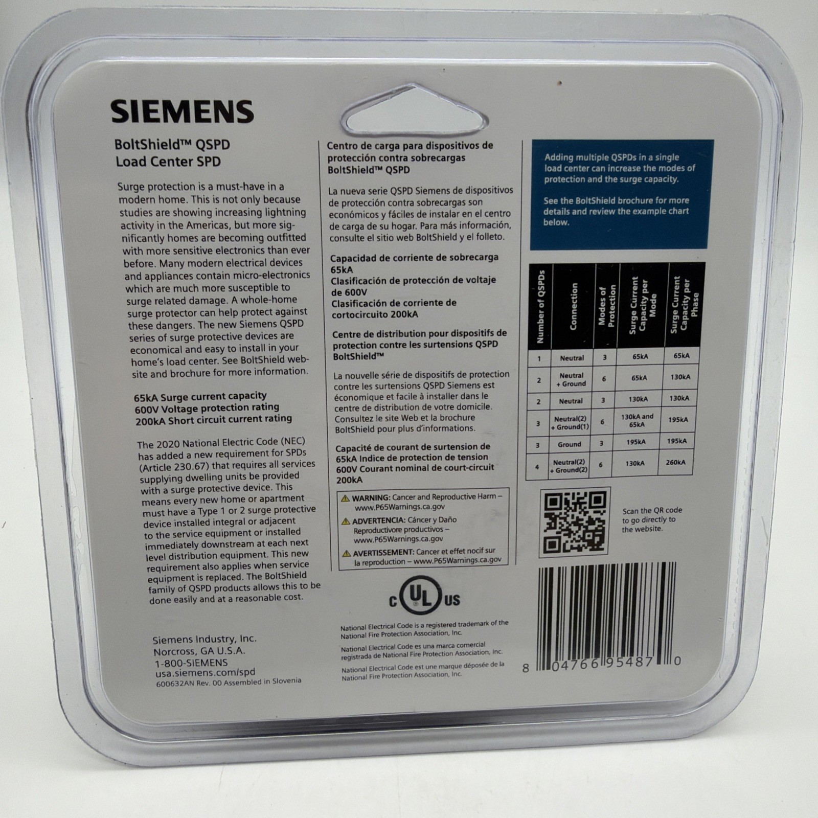 Siemens QSPD2A065P BoltShield 65kA Whole House Surge Protector Type 2 SPD NEW