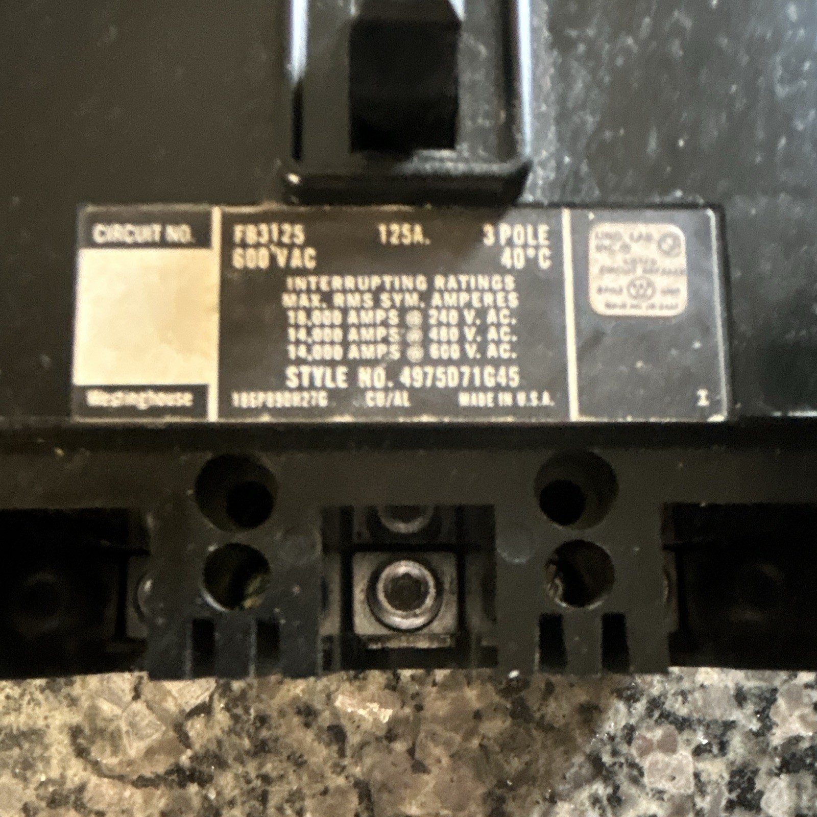 Westinghouse FB3125 125A 3P Bolt-On 600VAC Thermal Overload Breaker