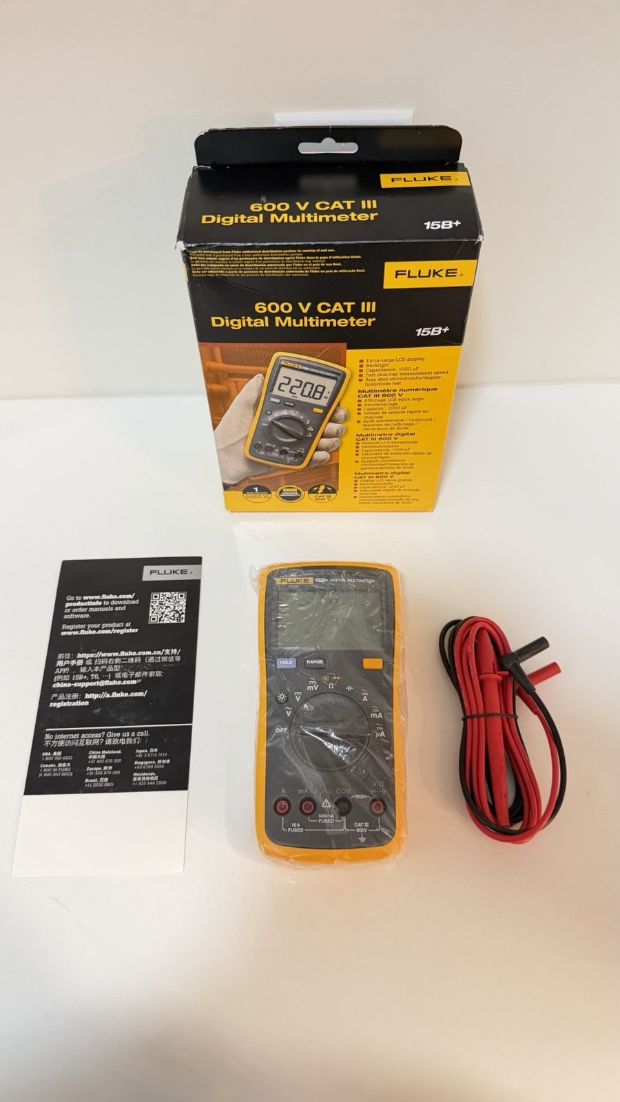FLUKE 15B+ CAT III 600V DIGITAL MULTIMETER (NEW FACTORY SEALED) SHIPS FAST