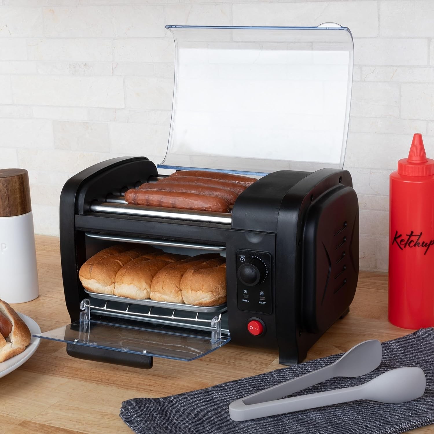Premium hot dog roller with bun warmer, compact countertop design