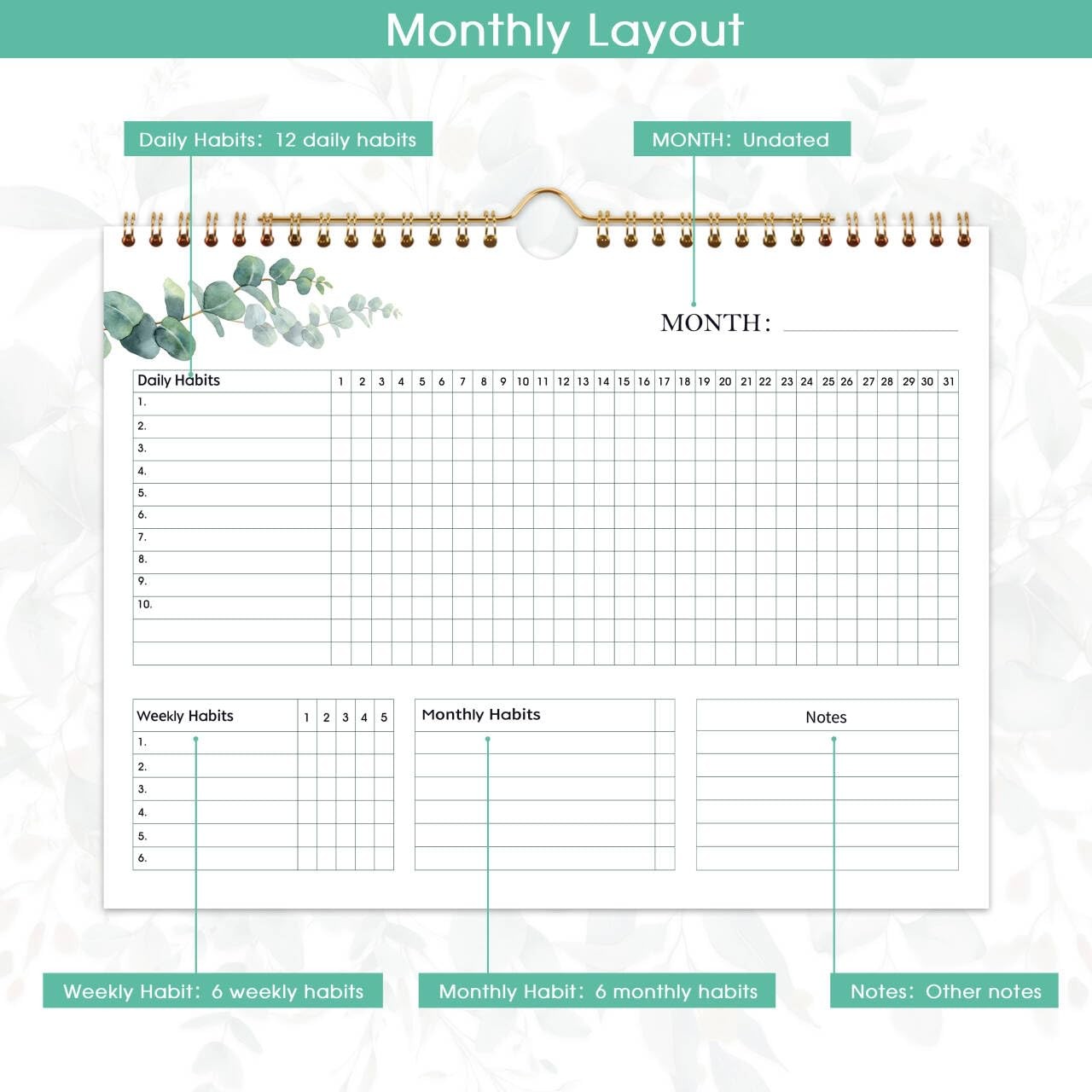 Habit Tracker Calendar – 12 Months Undated Daily Planner, 8″x10″, Weekly & Mo…