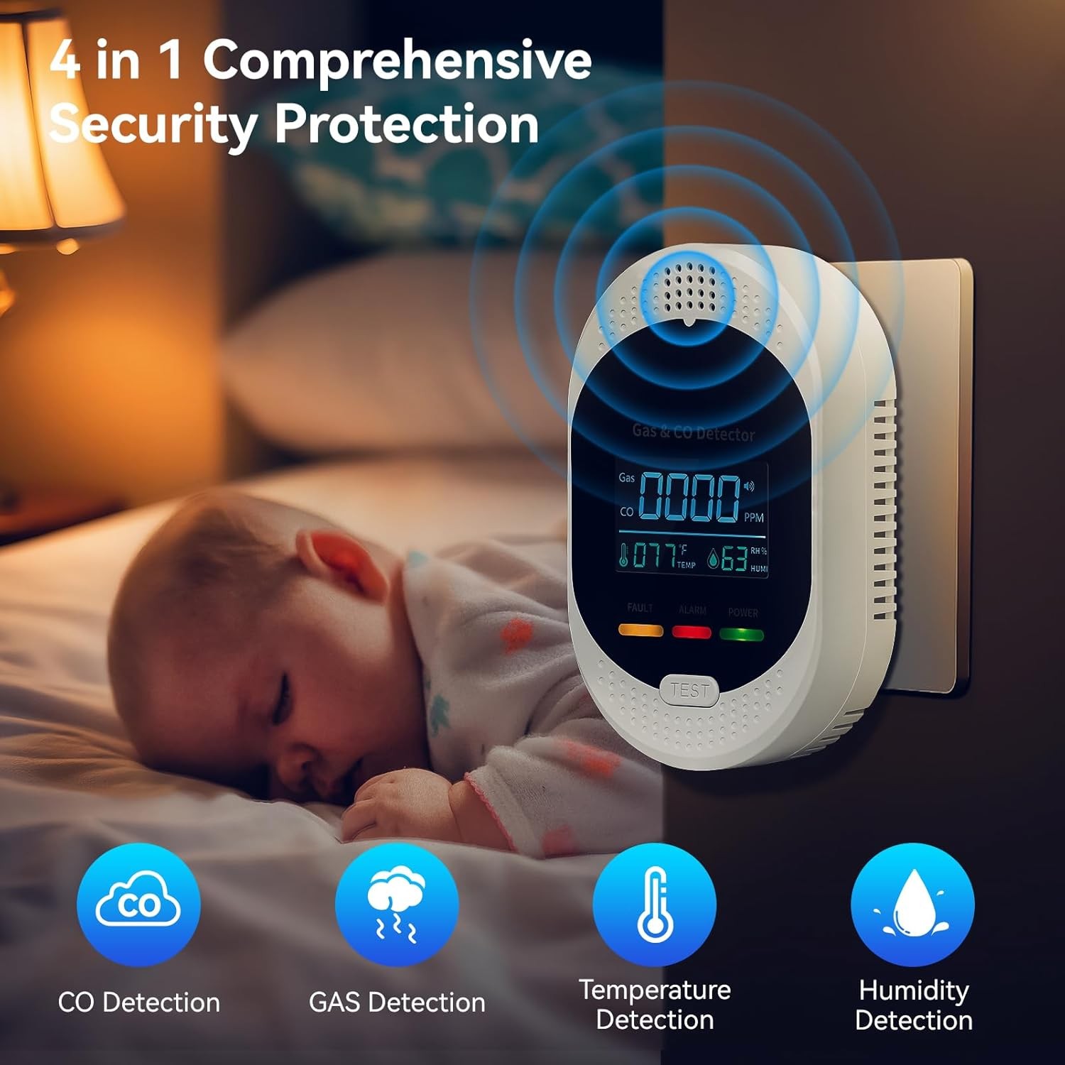 Carbon Monoxide Detector Sound Light Alarm Temp Humidity Monitor Home RV Safety